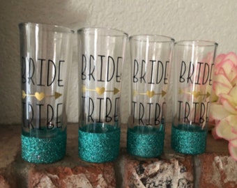 Bride Tribe Glitter Shot Glasses | Personalized Bridesmaids Shot Glasses | Bridal Party Favors | Wedding Party Gifts | Custom Shot Glasses