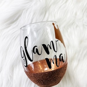 Glam-ma Glitter Dipped Stemless Wine Glass | Grandma Gift | Gifts for Her | Glamma | Gramma | Christmas Gift | Glittered Wine Glass Tumbler
