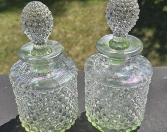 Duncan and Miller Hobnail Clear With Opalescent Green Cologne Bottle & Stopper Set