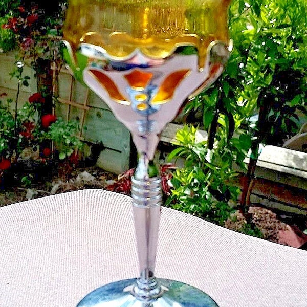 Art Deco Cambridge Glass Krome Kraft 6 1/8" Amber Wine Goblet 4 oz.