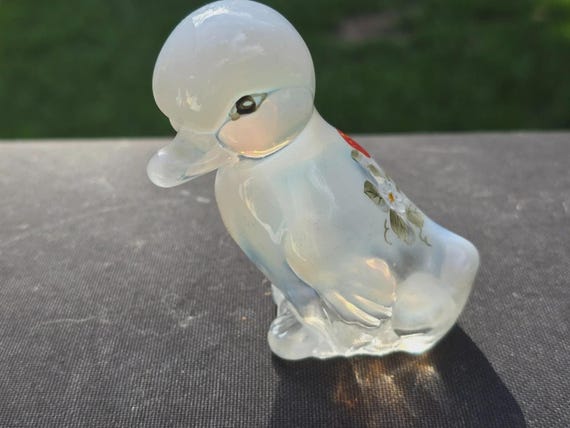 Vintage Fenton Art Glass Opalescent Duck Strawberry Vines Hand
