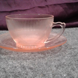 Vintage Pink Depression glass &quot;Homespun&quot; Fine rib&quot; Cup and Saucer Jeannette Glass