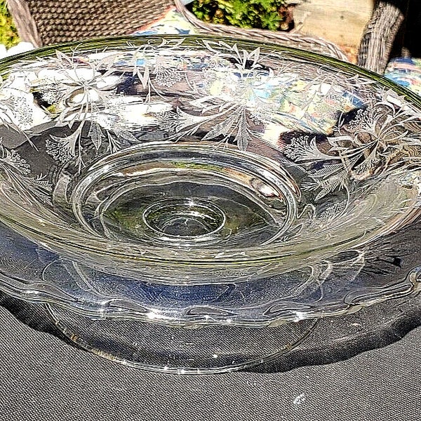 Vintage Crystal Fostoria Etched Heather 11" x 3 1/4" Footed Rolled Edge Bowl