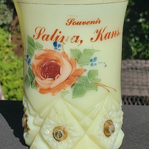 Vintage Souvenir Salina Kans. Custard Glass Water Tumbler Krystol Jefferson Rose Diamond & Peg Pattern