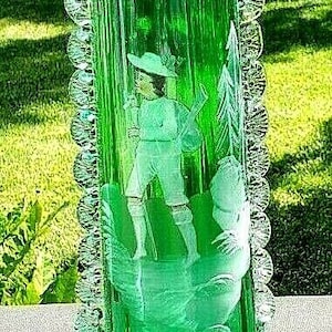 Vintage Victorian Deep Green Mary Gregory Vase Boy Walking In Forest With Ruffle Side 10.5 &quot;