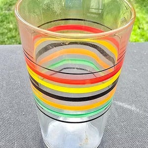 Op de afbeelding: Een helder glazen drinkglas met een regenboogpatroon van zwarte, rode, gele, oranje, groene en grijze strepen.