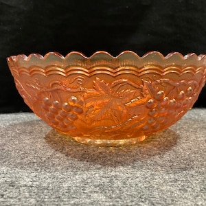 Imperial Glass Vintage Carnival Fruit bowl 9&#39;&#39; Orange/ Marigold Carnival Glass Serving Bowl, Grape Bunches & Grape Leaf Design