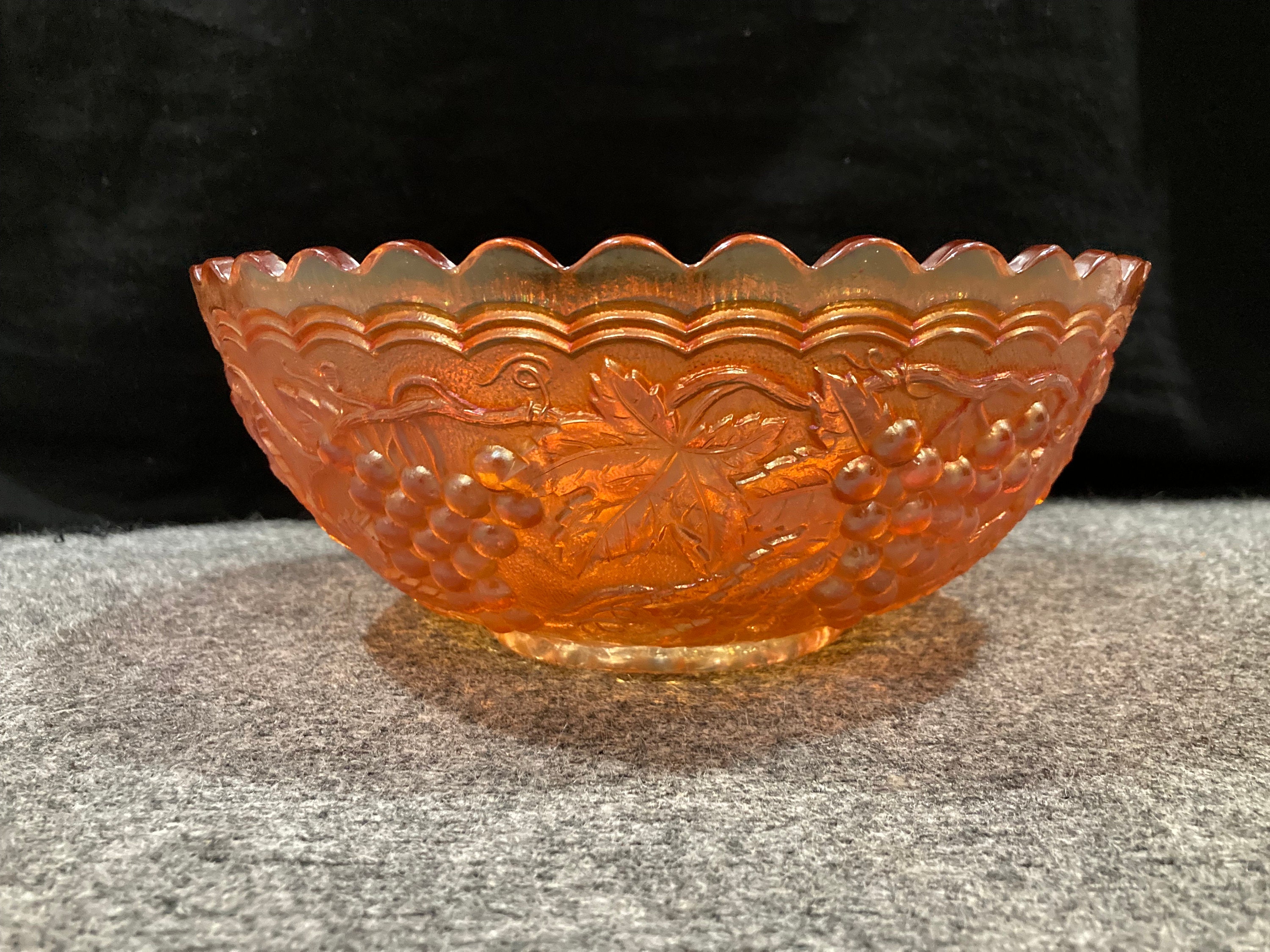 Imperial Glass Vintage Carnival Fruit bowl 9'' Orange/ Marigold Carnival Glass Serving Bowl, Grape Bunches & Grape Leaf Design