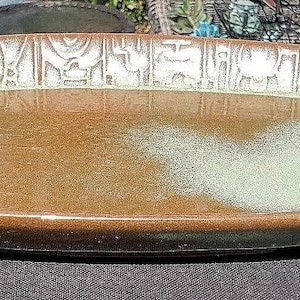 Frankoma Pottery Prairie Green Mayan Aztec 13 5/8&quot; Oval Serving Platter 7QS