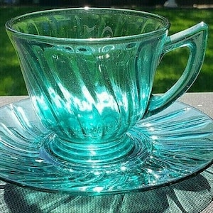 Vintage Jeannette Teal - Ultramarine Swirl Cup And Saucer Set