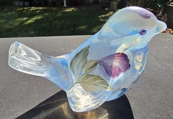 Vintage Fenton Hand Painted Art Glass Bird Opalescent With Label