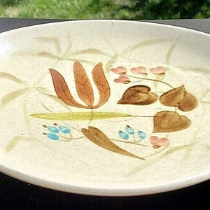 Può includere: Un piatto in ceramica vintage con un motivo floreale. Il piatto presenta fiori marroni, gialli e blu su uno sfondo crema.