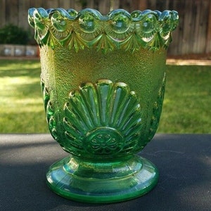 Westmoreland Iridized Green Carnival Glass Shell and Jewels Open Sugar Late 1893