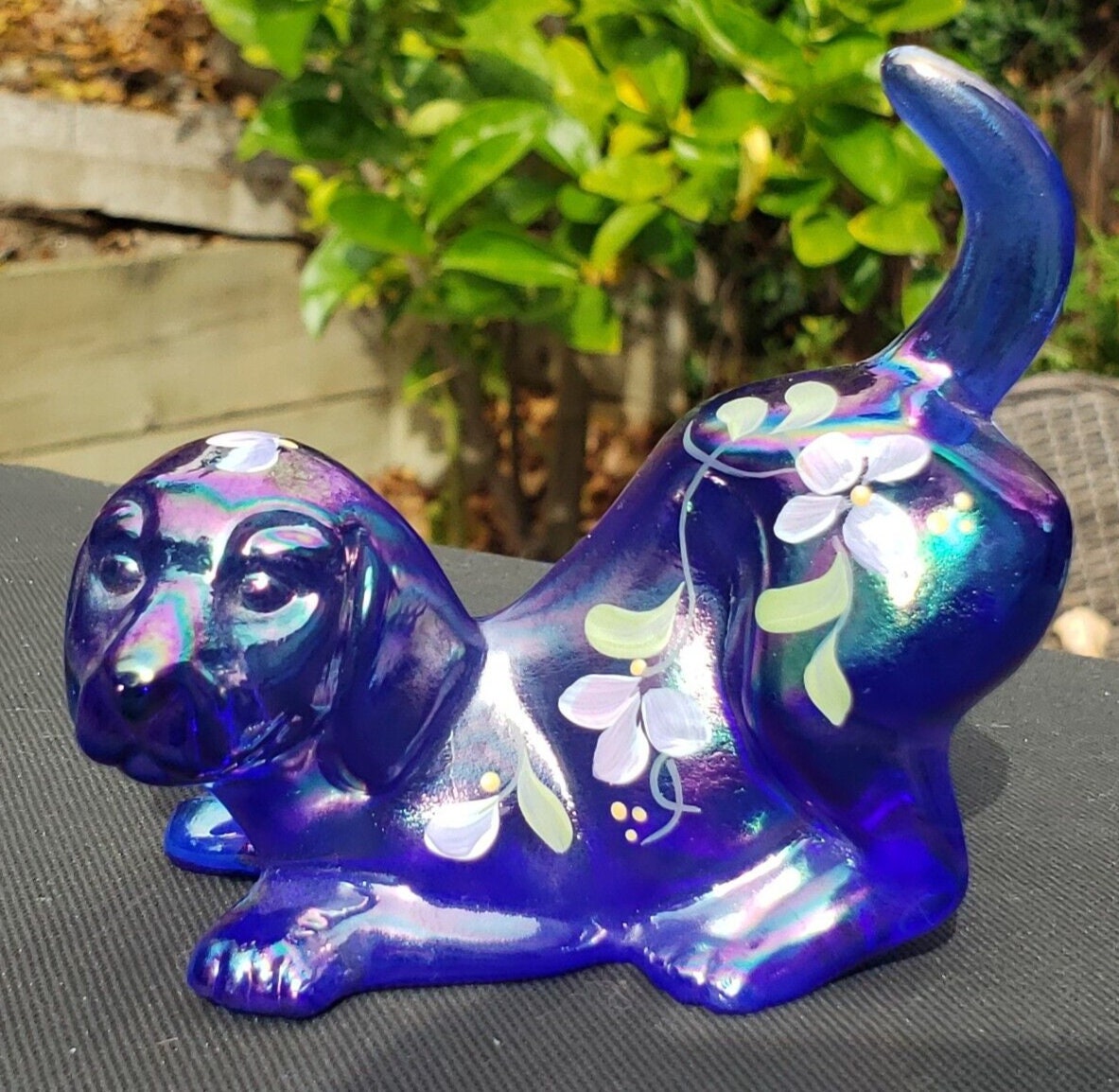 Fenton Cobalt Blue Carnival Glass Iridescent Puppy Signed Hand