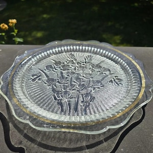 Vintage Crystal Iris and Herringbone Dinner Plate 9&quot; With 14K Gold Trim