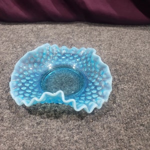 Vintage Fenton Blue Opalescent Hobnail Bon Bon Tray