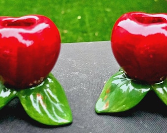 Set di portacandele vintage a forma di mela francescana dipinti a mano, timbro posteriore 1963 U.S.A.