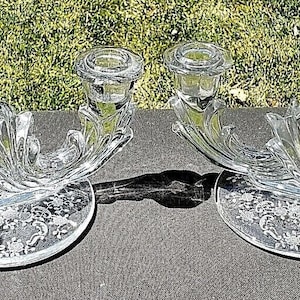 Vintage Fostoria Etch 328 Meadow Rose Double Baroque Candlestick Pair # 2496