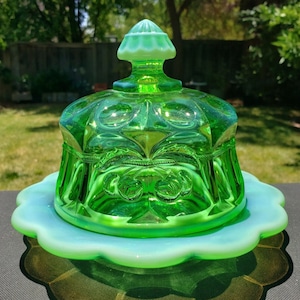 Green Opalescent Mosser Glass Cherry Thumbprint Butter Dish with Finial Lid