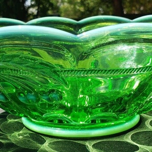 Green Opalescent Mosser Glass Cherry Thumbprint Master Round Bowl - 9 1/2&quot; x 4 1/2&quot;