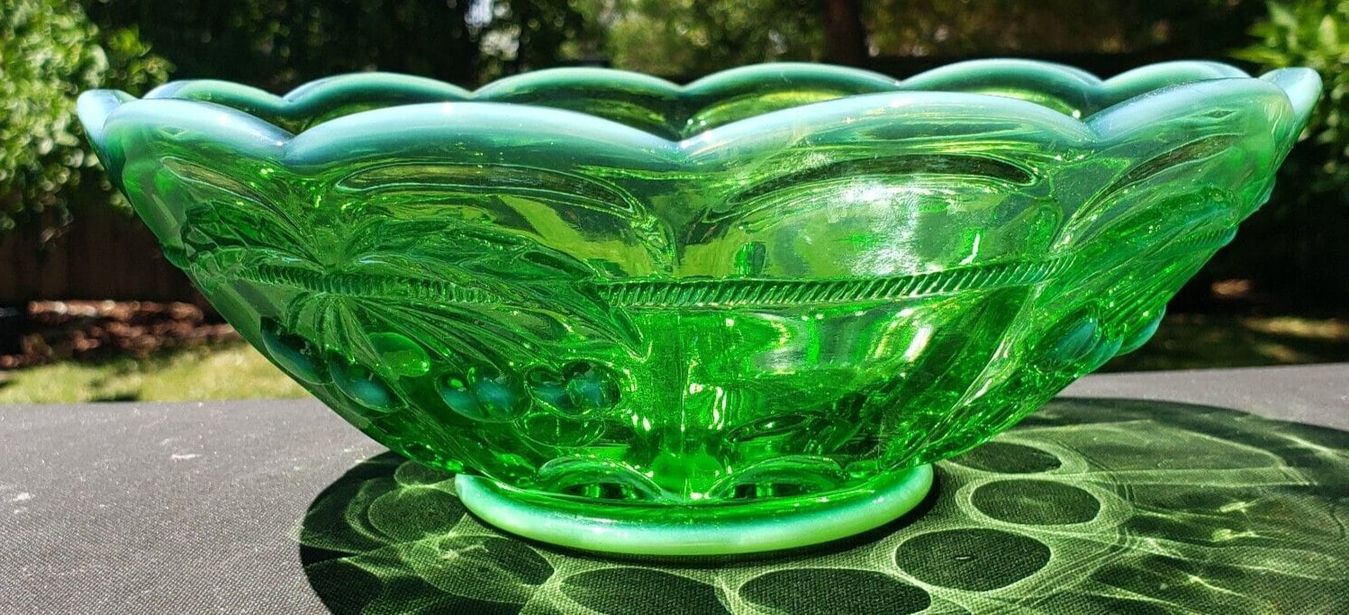 Green Opalescent Mosser Glass Cherry Thumbprint Master Round Bowl