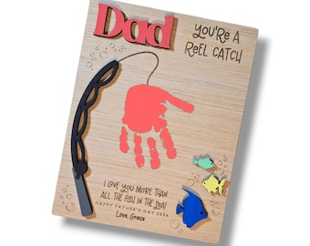 Father's Day Fishing Handprint Wooden Keepsake Board - Personal Gift from Kids
