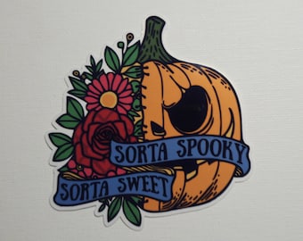 Sorta Spooky, Sorta Sweet Pumpkin - Laminated Waterproof Vinyl Stickers - Multiple Sizes