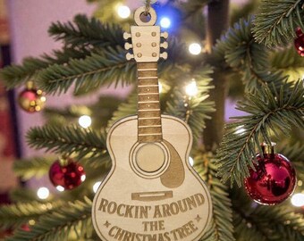 Rockin’ Around the Christmas Tree Guitar Ornament – Handmade Wooden Holiday Decor