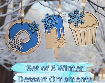 Set of 3 Handmade Wooden Winter Dessert Ornament Set – Donut, Popsicle & Cupcake • Hand-Painted