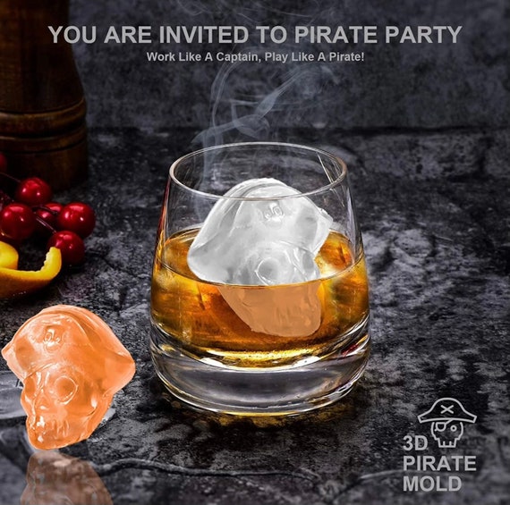 2 Pcs 3D Pirate Skull Ice Cube Mold Tray, 2.2 Thick Silicone Fun Shapes Whiskey  Ice Mold With Funnel for Cocktails,bourbon,brandy, Whiskey 