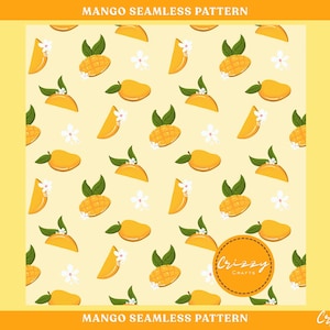 Mango Seamless Pattern Fabric Printing Tropical Fruit Digital Paper Summer Tropical Repeat Printable Personal Commercial Use PNG JPEG PDF