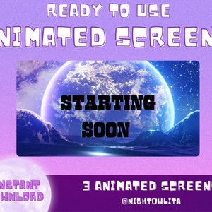 Puede incluir: Una pantalla animada de color morado y azul con un planeta tierra y estrellas en el fondo. El texto "Starting Soon" está en negro en la pantalla. El texto "Ready to Use Animated Screens" está en blanco sobre un fondo morado. El texto "Instant Download" está en blanco sobre una luna blanca. El texto "3 Animated Screens" está en blanco sobre un fondo morado. El texto "@nightowlita" está en blanco sobre un fondo morado.