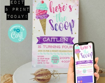 Here's The Scoop Ice Cream Social Birthday Invitation Editable Instant Download | First Second Third Bday | Watercolor Gold Glitter