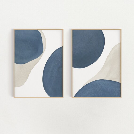 Set of 2 Navy Blue Wall Art Minimalist Print Blue Abstract Etsy