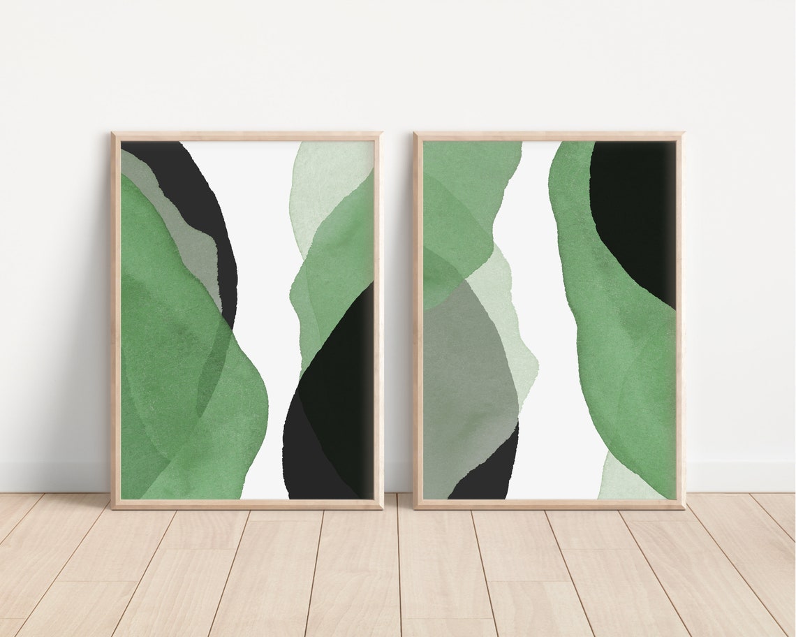 Green Wall Art, 2 Piece Art Prints, Abstract Poster Set, Bedroom Wall