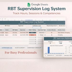 May include: A Google Sheets document titled "RBT Supervision Log System" with the text "Track Hours, Sessions & Competencies." The document displays a log and a dashboard with charts and data. Text on the document reads "For Busy Professionals."
