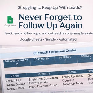 May include: Image promoting a lead management system using Google Sheets. Text reads "Never Forget to Follow Up Again." The interface displays lead tracking, follow-up details, and outreach information. The system is described as simple and automated.