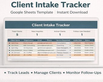 Client Intake Tracker Google Sheets Template, Client CRM Spreadsheet, Lead & Follow Up Tracker, Freelancer, Coach, Therapist Client Manager