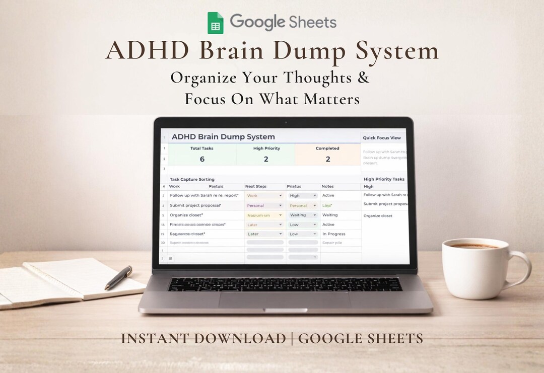 ADHD Brain Dump System Google Sheets Template | ADHD Task Organizer ...