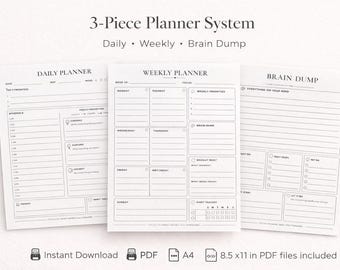 Printable Planner Bundle PDF, Daily Weekly Brain Dump Planner, Minimal Productivity, ADHD Planner Pages, A4 & Letter, Instant Download