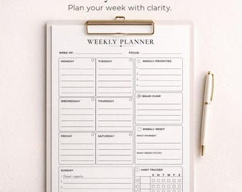 Weekly Planner Printable PDF, Minimal Weekly Planner Page, Productivity Planner, Weekly Schedule Planner, A4 & US Letter, Instant Download