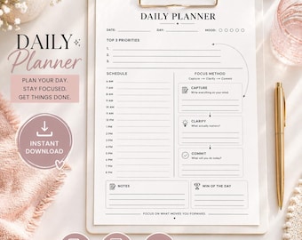 Daily Planner Printable PDF, Minimal Daily Planner Page, Productivity Planner, Simple Planner Printable, A4 & US Letter, Instant Download