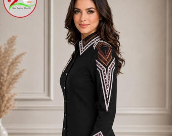 Black Western Show Shirt, Copper Rhinestone Geometric Top, Rodeo Queen Equestrian Apparel