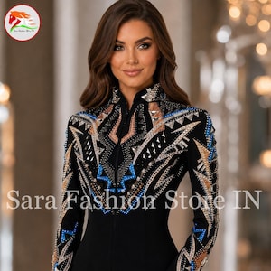 Geometric Rhinestone Western Show Jacket, Blue Copper Equestrian Apparel, Rodeo Queen Clothing JS-20