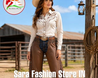 Puede incluir: Una camisa beige de manga larga con botones y bordados florales marrones, vaqueros azul oscuro y chaparreras de cuero marrón con flecos largos, costuras decorativas y bordados florales en caderas y tobillos, junto a un sombrero vaquero beige.