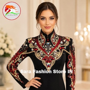 Black Red Western Show Jacket | Gold Rhinestone Equestrian Apparel JS-4