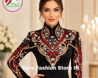 Black Red Western Show Jacket | Gold Rhinestone Equestrian Apparel JS-4