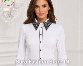 White Western Show Shirt, Black Rhinestone Collar, Equestrian Rodeo Apparel