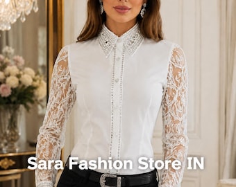 Western Pleasure Riding Shirt, Lace Sleeve, Crystal Rhinestone Equestrian Top