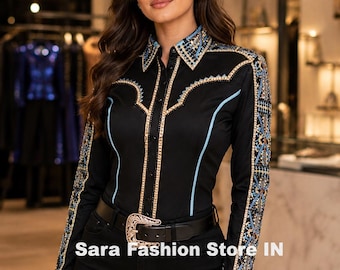 Black Showmanship Shirt, Western Show Top, Crystal Rhinestone Equestrian Apparel